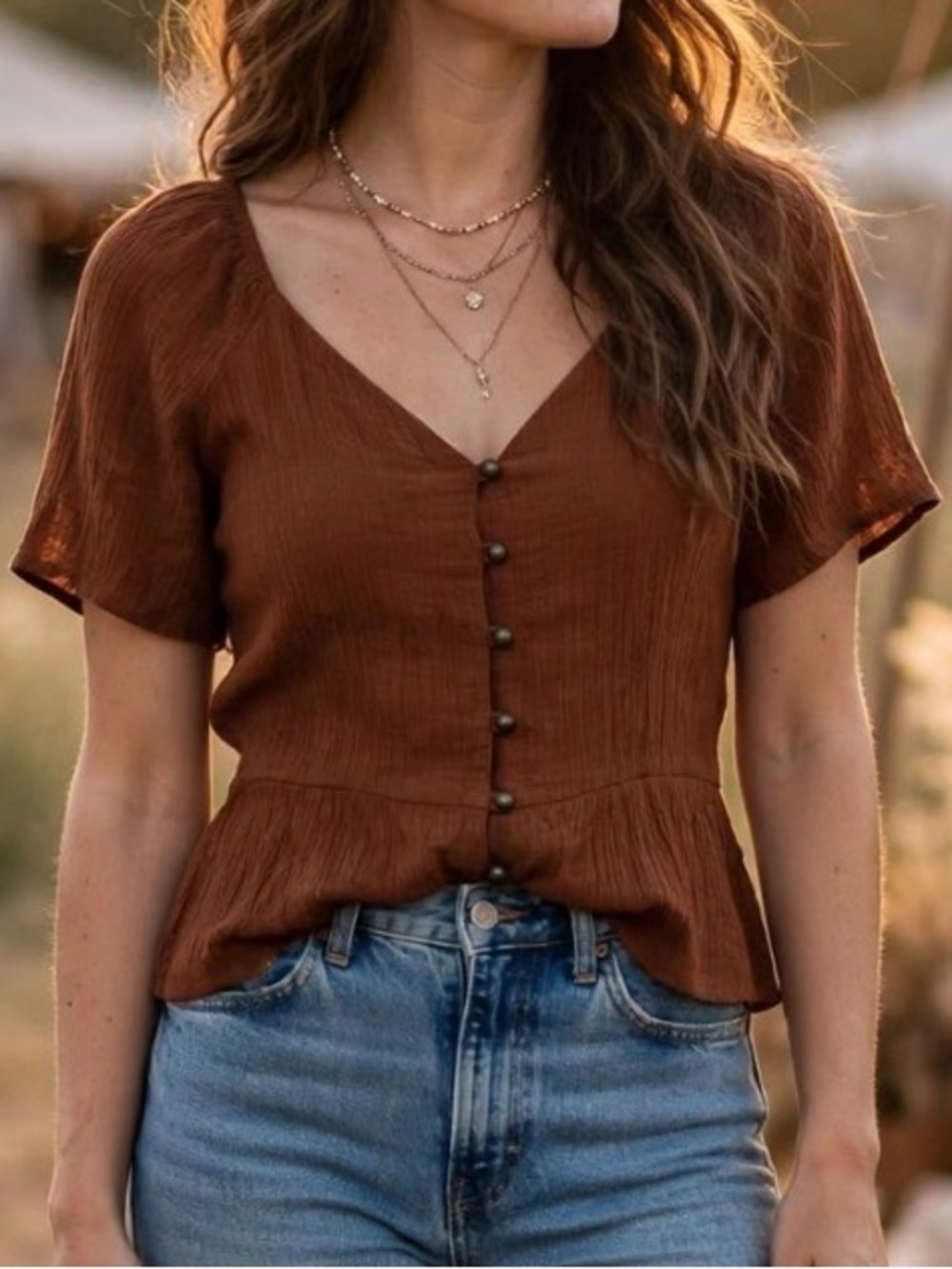 Boho Brown Peasant Top Puff Sleeve V-Neck Women's Medium